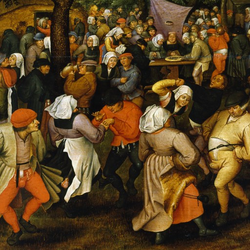 a painting of a group of people in a wooded area.