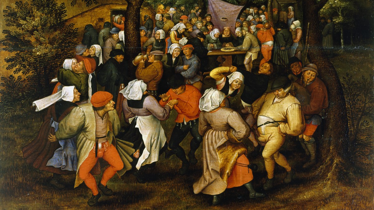 a painting of a group of people in a wooded area.