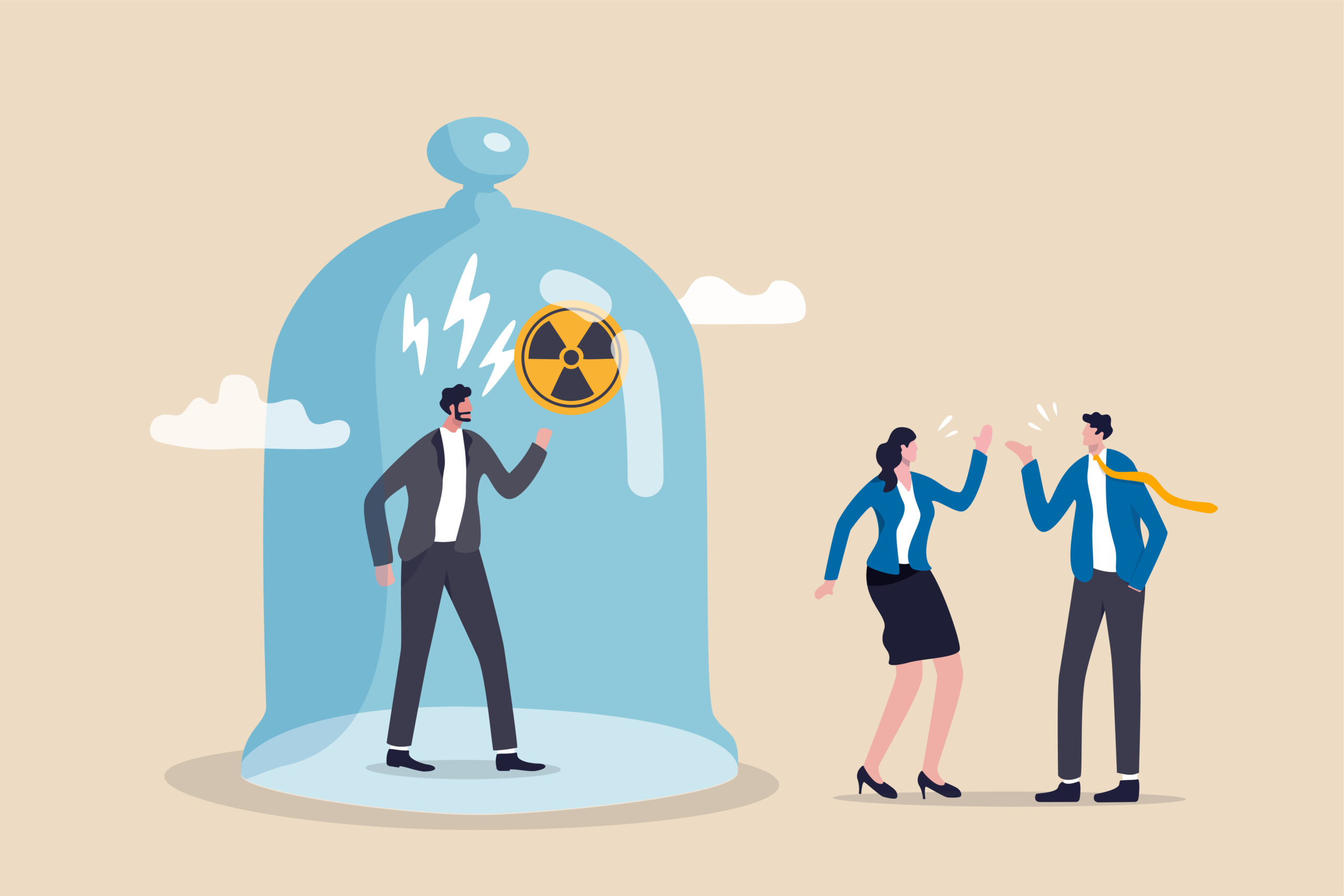A toxic boss yells at workers from inside his radioactive bubble.