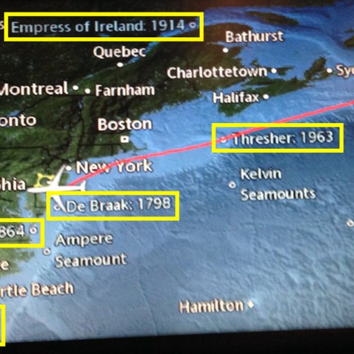 American Airlines in-flight map showing shipwrecks near the North American coast
