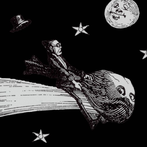 A man in a suit rides a comet with a face through a star-filled night sky, reflecting on lessons learned from space travel; a top hat floats nearby as the moon smiles in the background.