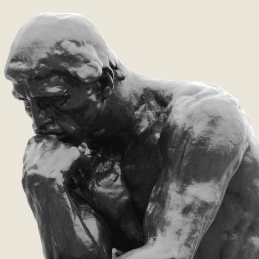 Bronze sculpture of a seated man resting his chin on one hand, appearing deep in thought and embodying genius traits, against a plain background.