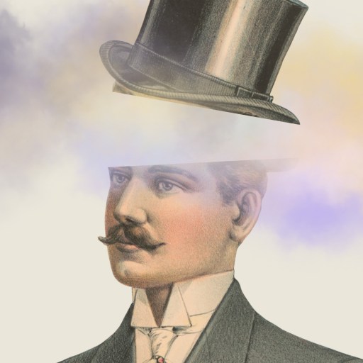 A vintage-style illustration of a man in a suit with a mustache and top hat, the top of his head open as colorful smoke swirls out, symbolizing creativity.