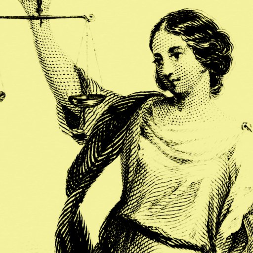 Illustration of a woman holding up a balance scale, symbolizing justice, on a yellow background.