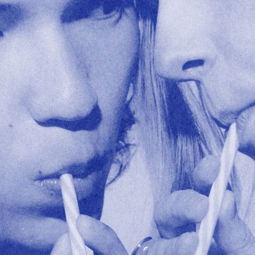 Two people face each other closely, each sipping from their own straw. The blue-tinted image, echoing the 37% rule of making choices, reveals only part of their faces, hinting at a moment of decision or connection.