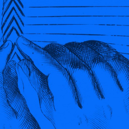 Illustration of two hands touching or aligning a series of parallel lines and chevron patterns, all overlaid with a blue filter, evoking the precision and symmetry often found in mathematics.