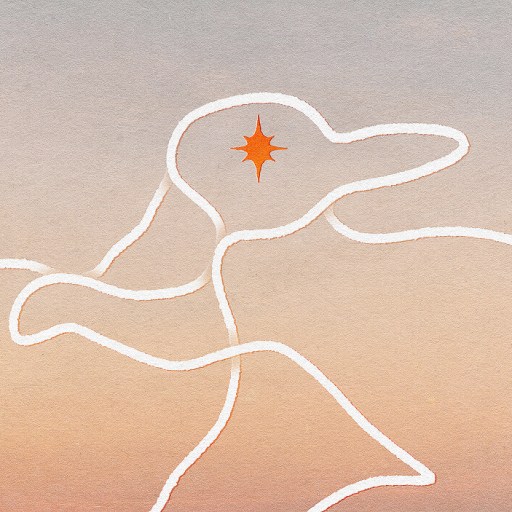 A minimalist drawing of a duck outlined in white against a gradient background, with an orange star shape marking the eye, invites you to question your perception.