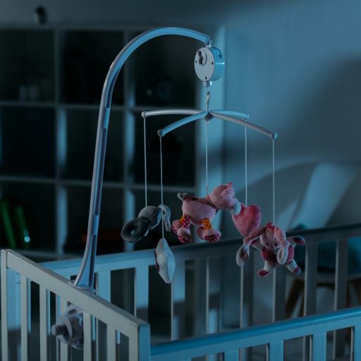 A baby crib at night