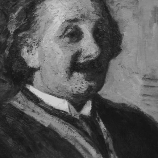 A black and white painting of a man with wavy hair, a mustache, and a suit, depicted in a semi-realistic style, evokes the thoughtful air of someone pondering an interpretation of quantum mechanics.
