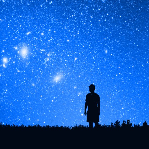 Silhouette of a person standing on a field at night, gazing at a clear sky filled with stars and glowing celestial objects, evoking the wonder described by Jim Al-Khalili.