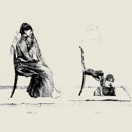 Two black-and-white illustrations blur reality: a woman sits on a chair, while another person’s head unexpectedly emerges through a hole in the floor beneath a nearby chair.
