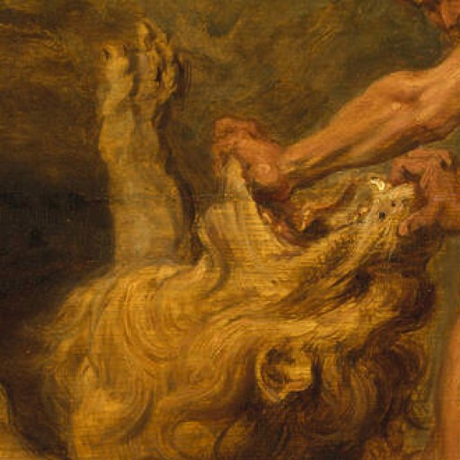 A muscular figure pries open the jaws of a roaring lion lying on its back, depicted in a dramatic, dynamic scene with expressive brushstrokes—symbolizing the struggle of learning how to change habits.