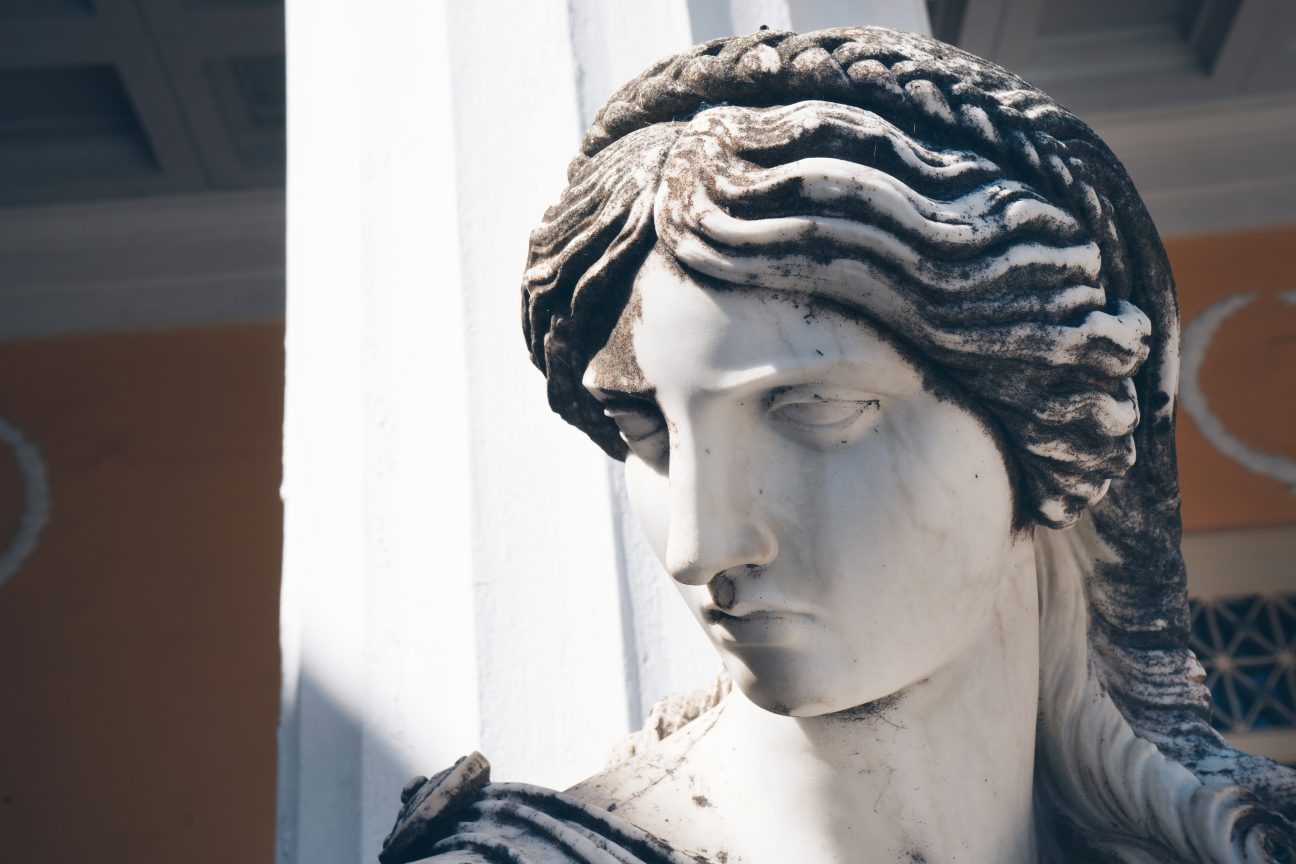 A statue of Polyhymnia, the muse of sacred poetry, hymns, and dance.