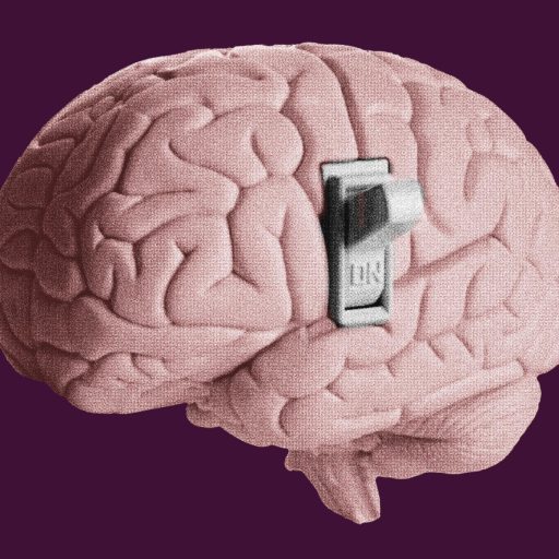 Illustration of a human brain with a metallic on/off switch embedded in its side, set against a solid dark purple background.