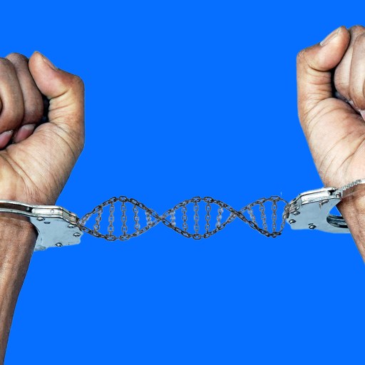 Two hands in handcuffs, connected by a DNA double helix chain, symbolize genome blindness against a solid blue background.