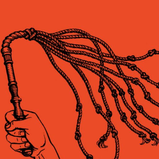 A hand holding a whip with multiple knotted tails against a solid orange background, subtly hinting at themes of discipline and exploring why suffering is good.
