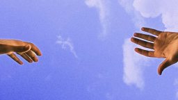 Two hands reaching towards each other against a bright blue sky with clouds, subtly exploring why empathy is bad when it leads to emotional overwhelm.
