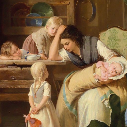 A woman cradles a baby while surrounded by four children in a rustic kitchen, with dishes on shelves and blue sky outside—a heartwarming scene that might inspire thoughts like, should I have kids?.