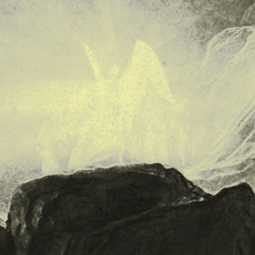 A glowing, radiant figure stands atop dark rocks near a mountain, with bright light illuminating the scene in a monochrome, sketch-like style.