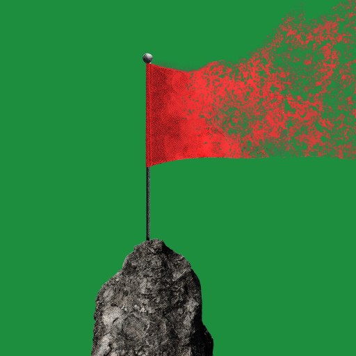 A red flag on top of a gray rock, with the right side dissolving into particles—like automatic habits breaking apart—set against a solid green background.