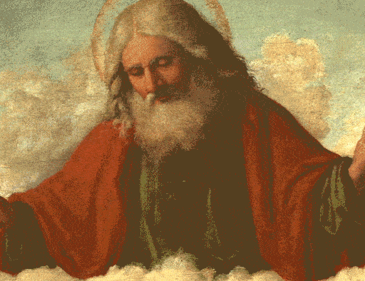 A painting of an elderly man with long white hair and beard, wearing a red robe, surrounded by clouds with a halo above his head, set against a soft green sky—inviting reflection on beliefs and the types of atheism.