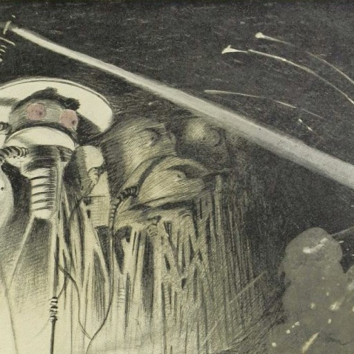 Illustration of large, mechanical tripod machines with glowing eyes detecting life as they shoot a beam of light at a smoking building, causing sparks and destruction.