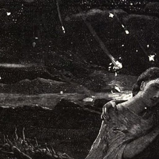Two figures embrace in the foreground as celestial bodies or stars, evoking supernatural thinking, tumble from a dark sky; in the background, a crowd with raised arms watches in awe.