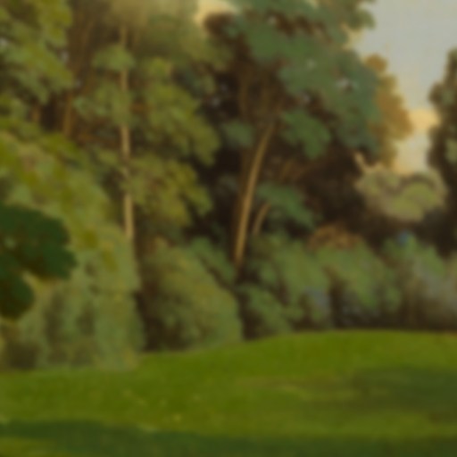 A blurred image of a green grassy field bordered by tall trees under a partly cloudy sky evokes a sense of nostalgia.