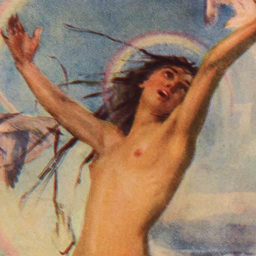 A nude figure with outstretched arms stands against a sky with rainbows and flying birds, evoking a sense of belief in the supernatural.