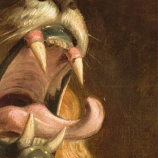 Close-up of a lion's open mouth showing sharp teeth and tongue, painted in a realistic style with rich brown and yellow tones, capturing intensity that echoes themes seen in the neuroscience of inequality.