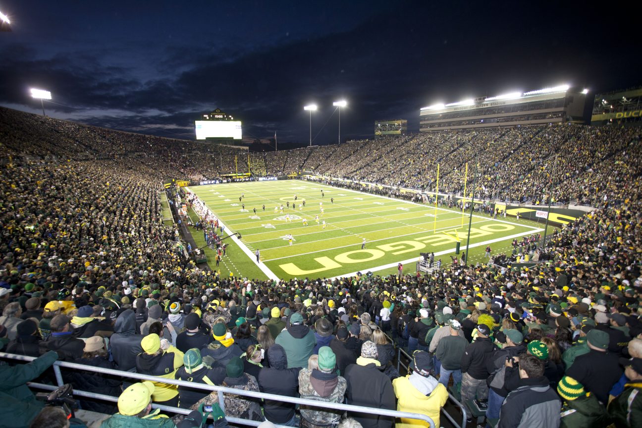 University of Oregon's Autzen Stadium at night.