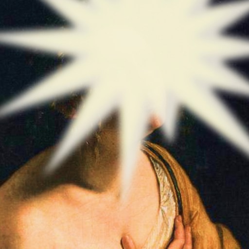 A classical-style portrait of a person with their face obscured by a large white starburst shape.
