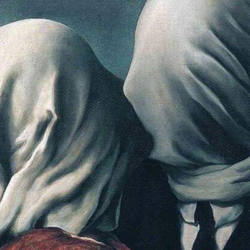 Two figures, their heads covered in white cloth, face each other closely against a dark background, evoking the mysterious science of love.