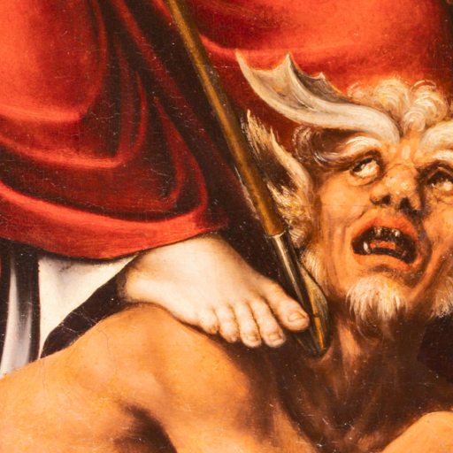 A horned, fanged figure lies on the ground with a foot pressing down on its neck; red drapery is visible above.