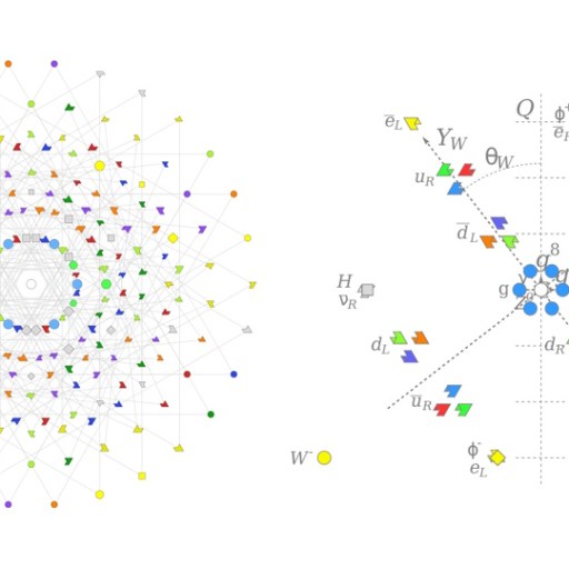 Two diagrams: the left shows a complex, circular, multicolored network; the right displays a theoretical physics diagram with labeled axes and colored particle symbols, capturing the intricate nature of physics hard concepts.
