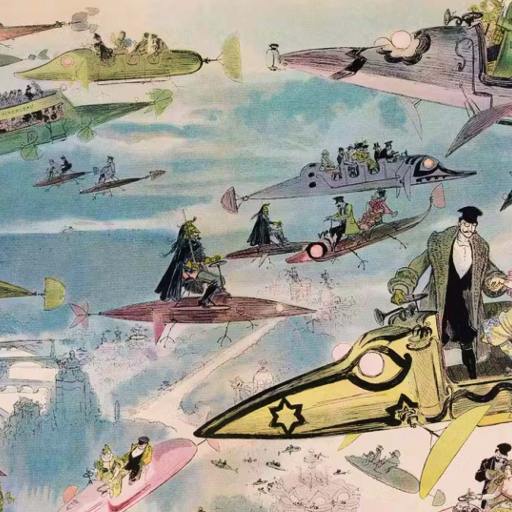 A whimsical vintage illustration depicts people in Victorian-era attire flying in futuristic airships and vehicles above a cityscape.