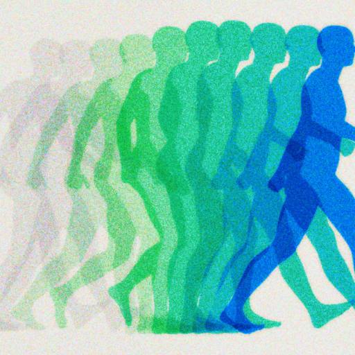 A sequence of human silhouettes in shades of blue and green shows progressive motion of a person walking from left to right.