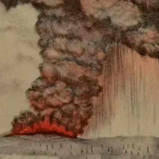 Illustration of a volcanic eruption with thick clouds of smoke, ash, and flowing lava rising from the volcano’s crater.
