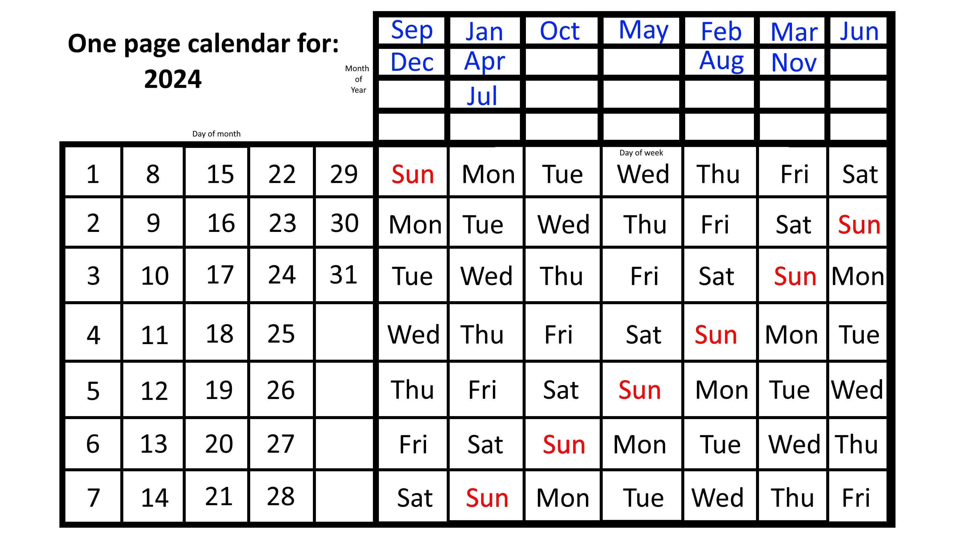 one page calendar leap year
