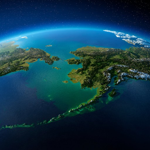 A physical map of the Earth showing Alaska, Siberia, and the Bering Strait.