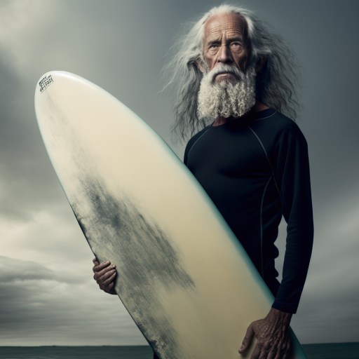 Senior man posing with surfboard by his side