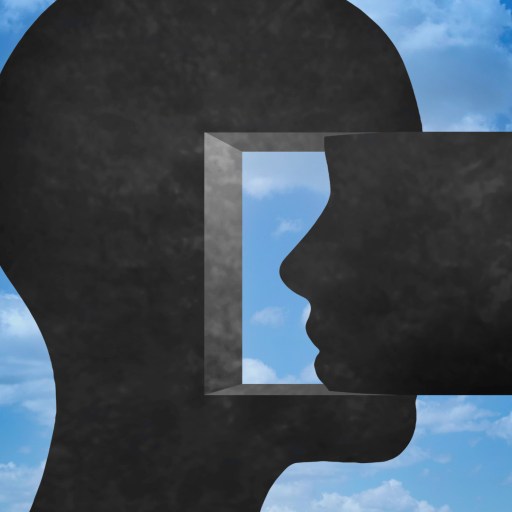 A black silhouette of a human head with a rectangular section cut out, revealing a profile face against a cloudy blue sky, symbolizes the limits of our attention span.