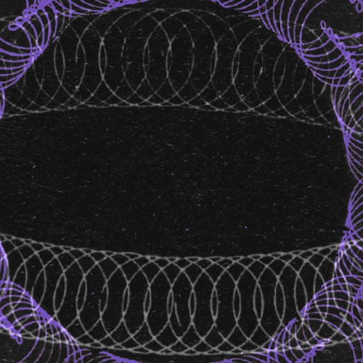 A circular pattern of overlapping purple and white spirals and loops appears against a black background.