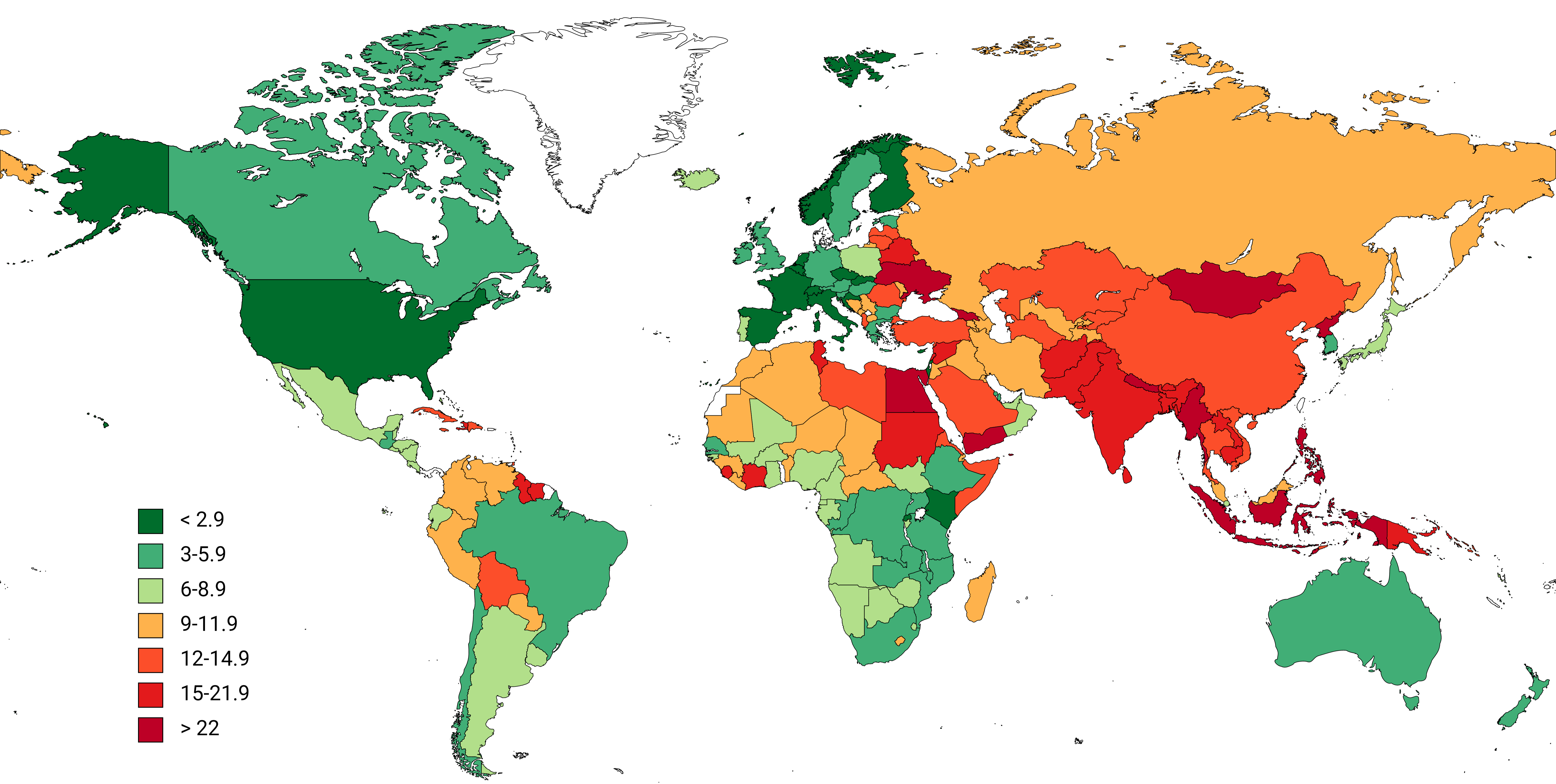 A map showing deaths from karoshi in 2016 as based on WHO/ILO data.