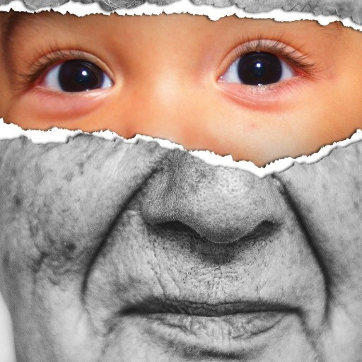 Two faces stitched together, with the eyes of a child and the face of a man.