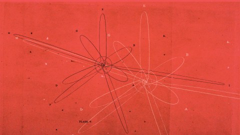 A red-orange background with atom-like scribbles