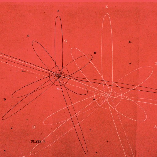 A red-orange background with atom-like scribbles