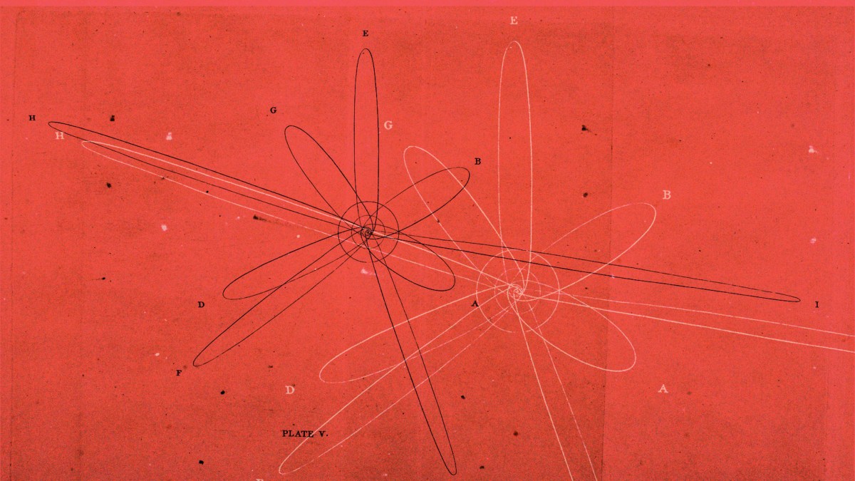 A red-orange background with atom-like scribbles