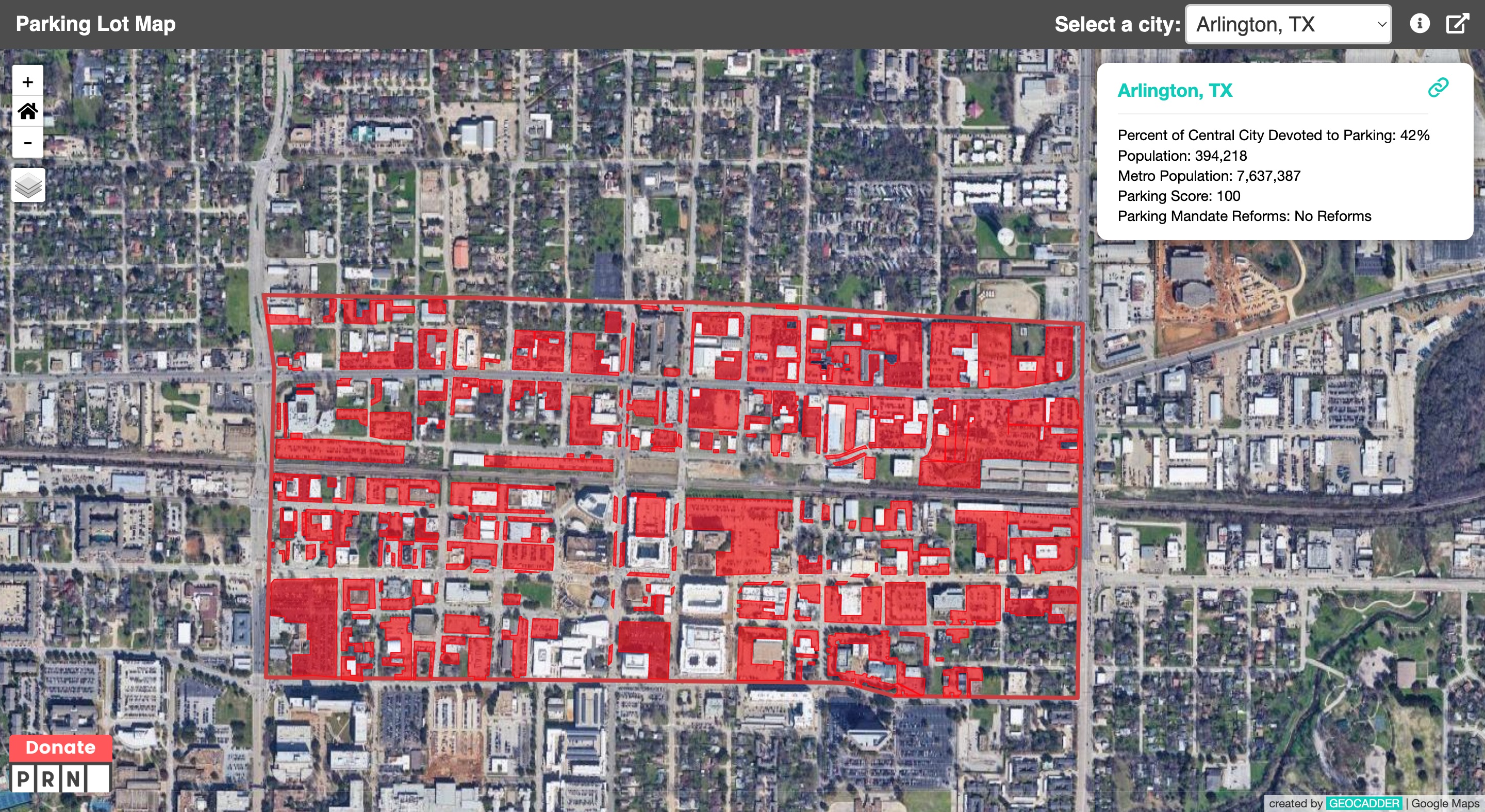 a map of a city with red buildings.