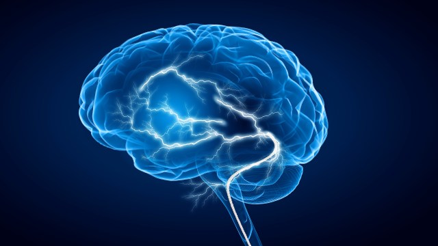 a blue brain with lightning coming out of it.